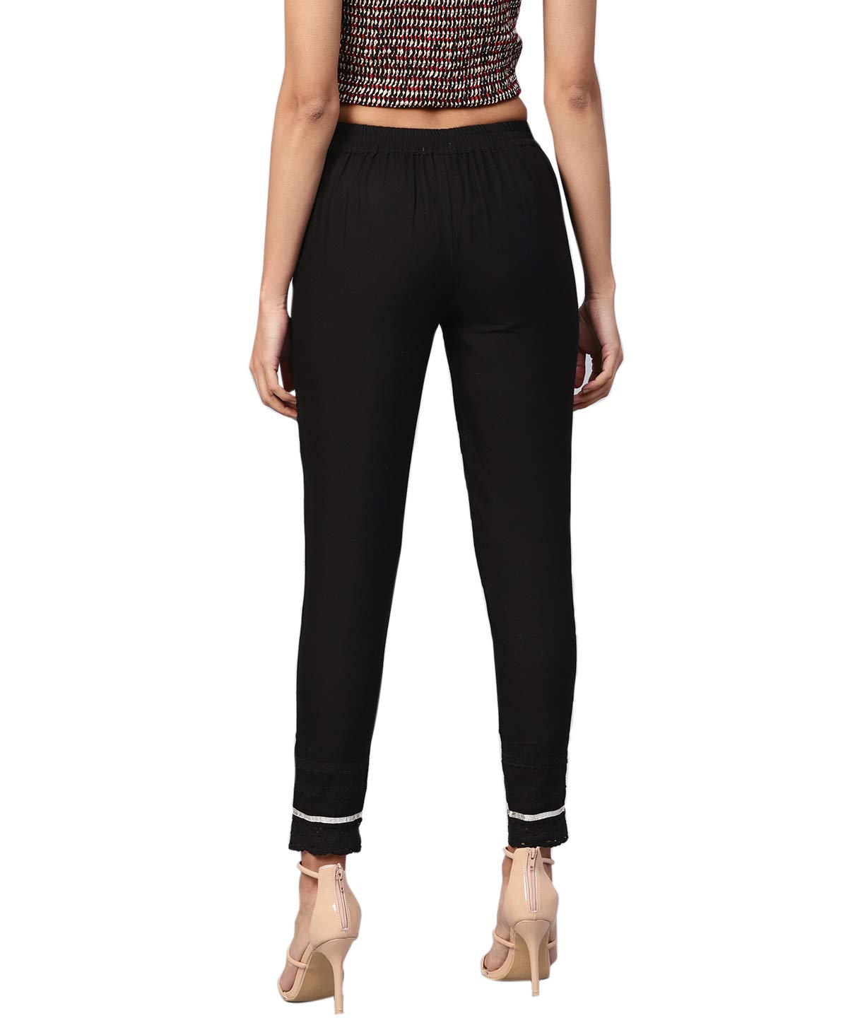 Juniper Women's Black Solid Cotton Flex Straight Fit Pants With Lace & Gota Work