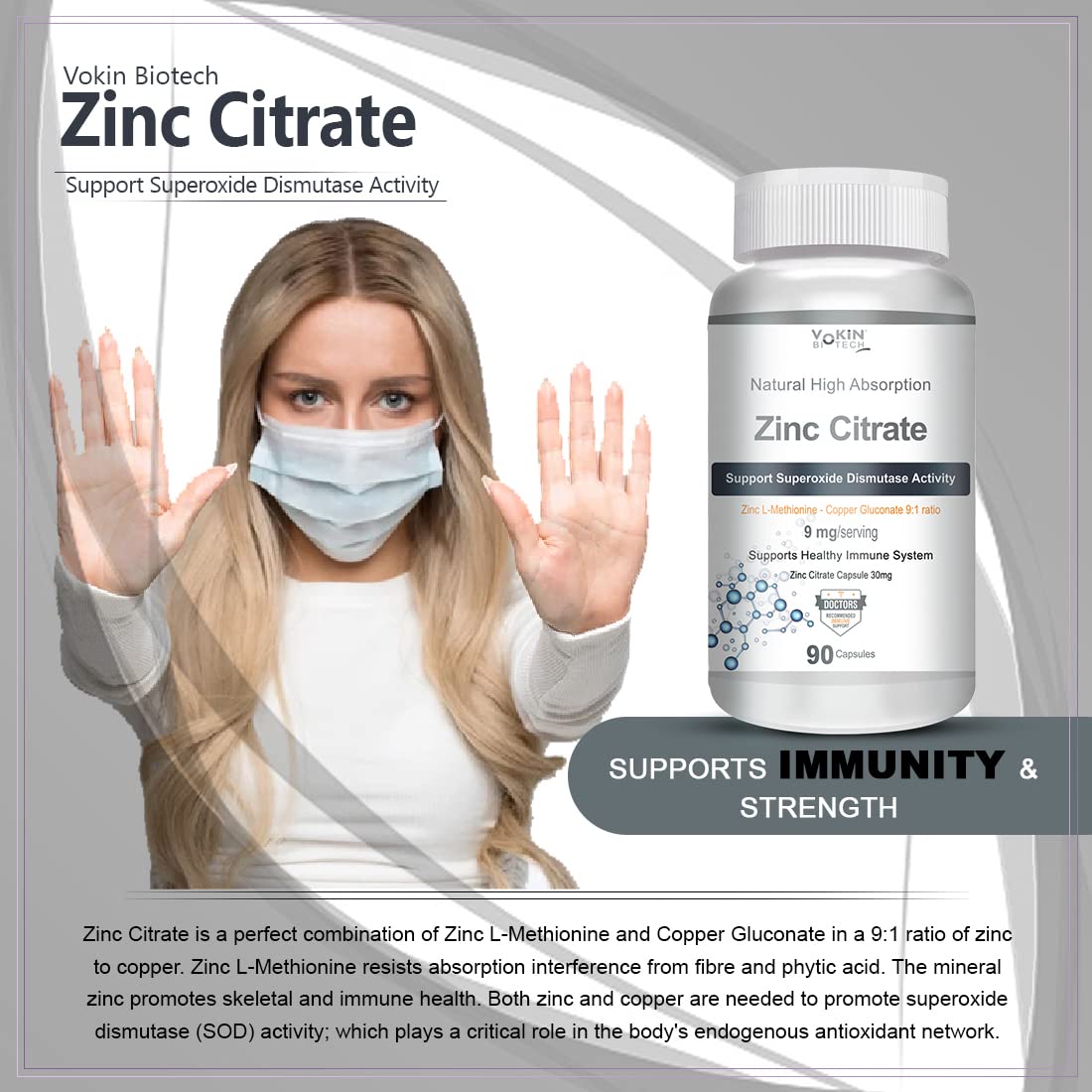 Vokin Biotech Zinc Citrate Supports Healthy Immune system Capsules