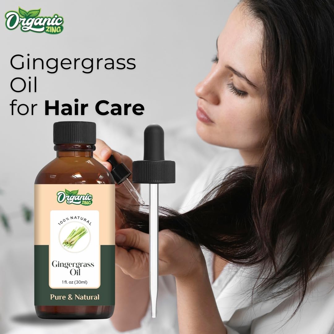 Organic Zing Gingergrass (Cymbopogon martinii) Oil | Pure & Natural Essential Oil for Skincare, Hair Care, Aroma and Diffusers