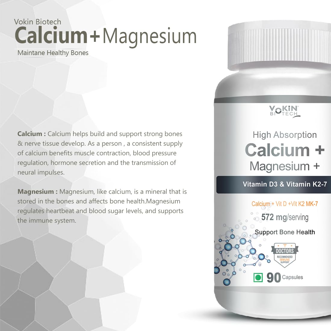 Vokin Biotech Calcium with Magnesium, Vitamin D3 & Vitamin K2- Mk-7 - Support Bone Health- 572mg