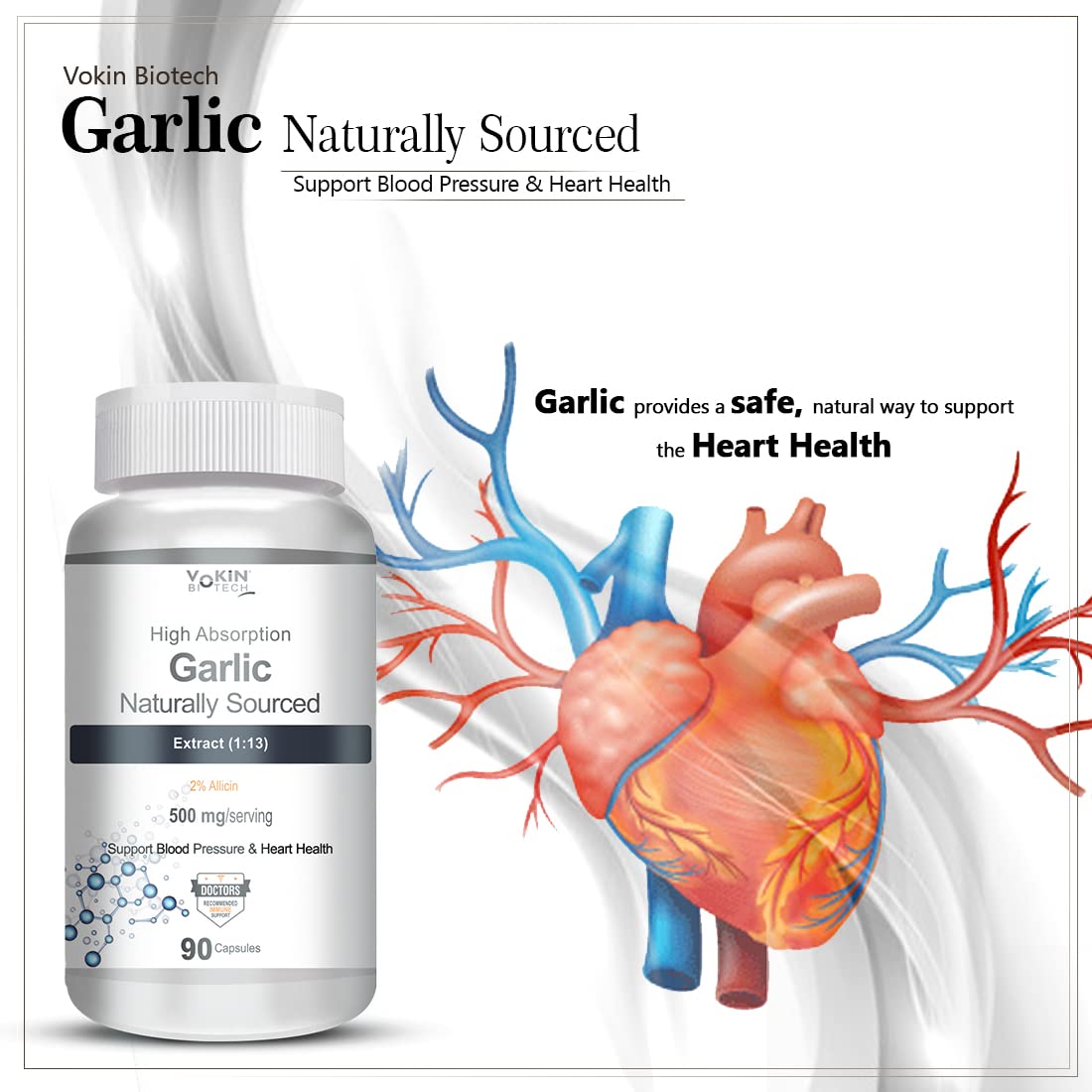 Vokin Biotech Garlic Extract 1:13 Allium Sativum - 500mg, Support Blood Pressure and Heart Health
