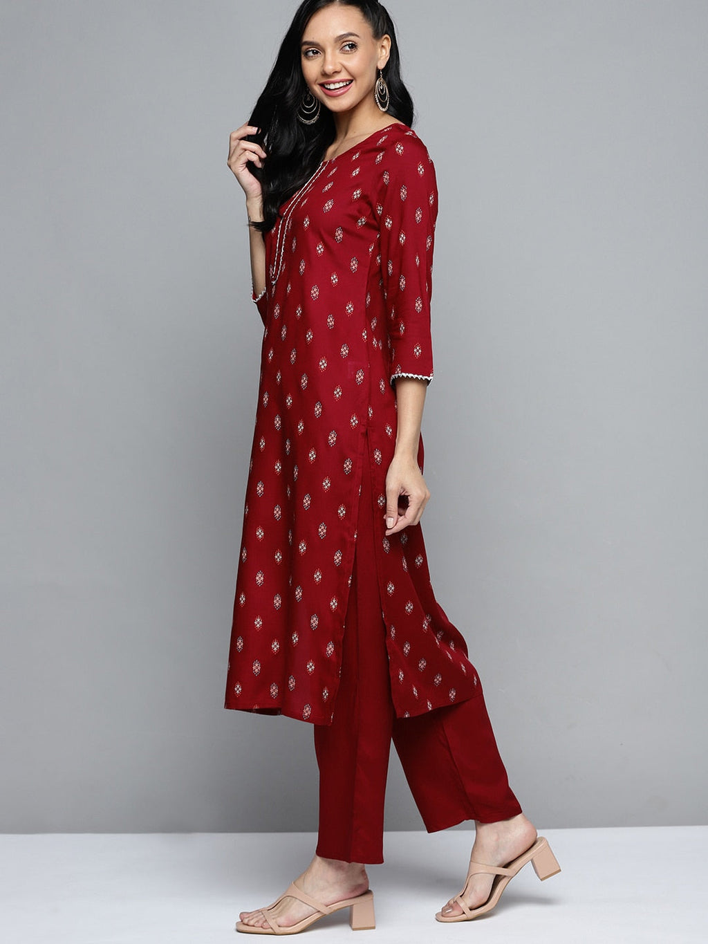 HERE&NOW Women Maroon Ethnic Motifs Printed Regular Kurta with Palazzos