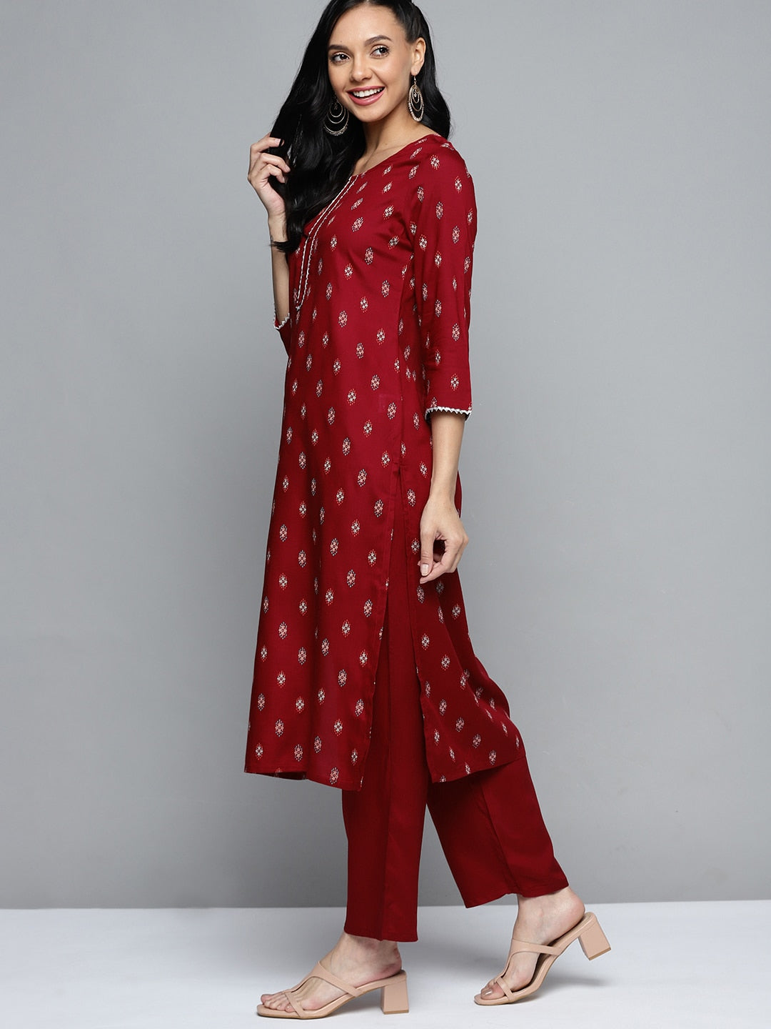 HERE&NOW Women Maroon Ethnic Motifs Printed Regular Kurta with Palazzos