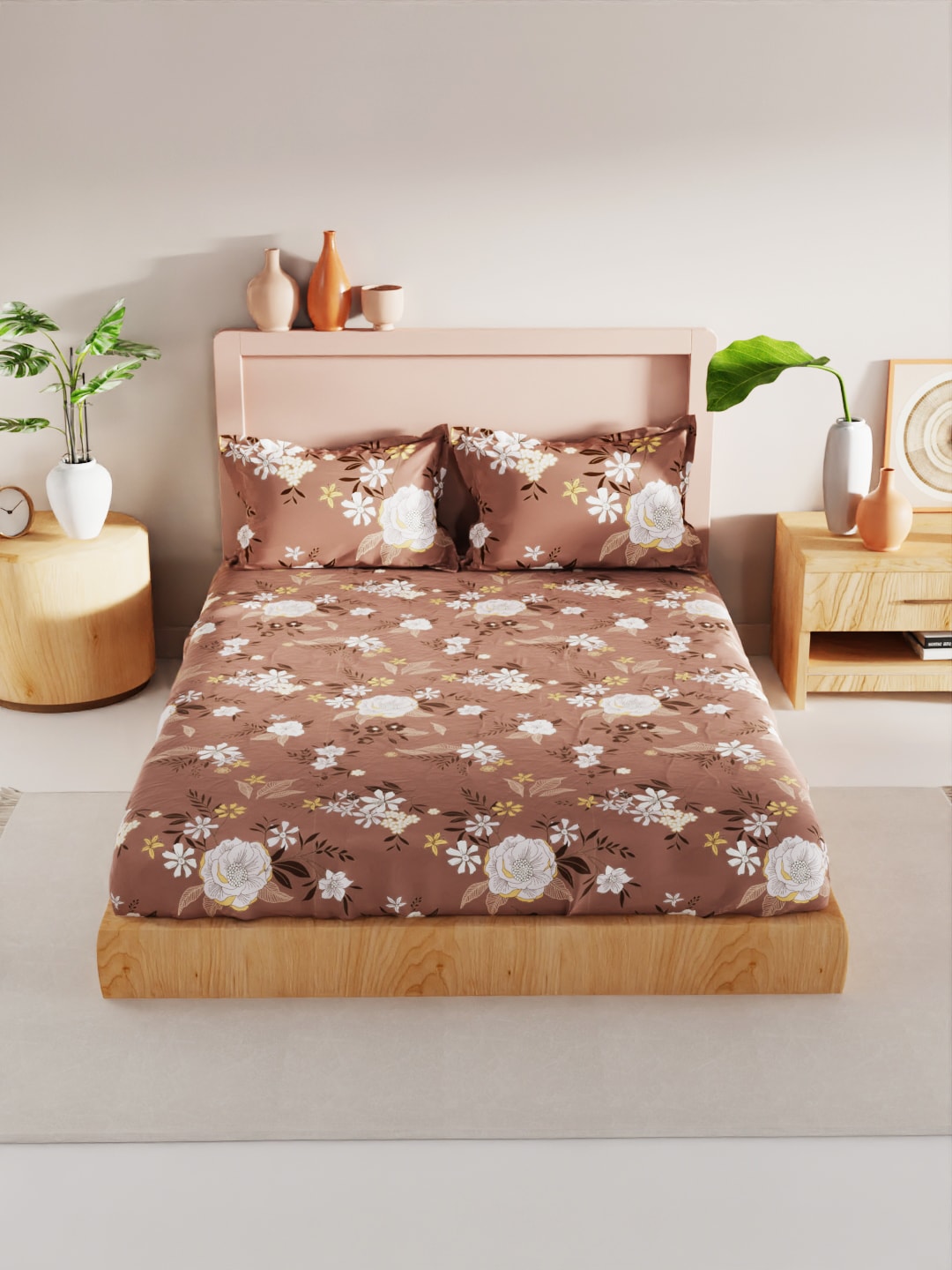 BIANCA Brown & White Floral 186 TC King Bedsheet with 2 Pillow Covers