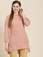 Juniper Women's Peach Embroidered Cotton Slub High-Low Tunic