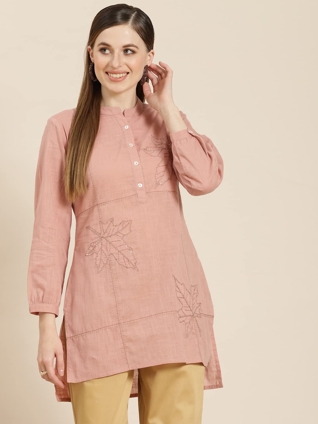 Juniper Women's Peach Embroidered Cotton Slub High-Low Tunic