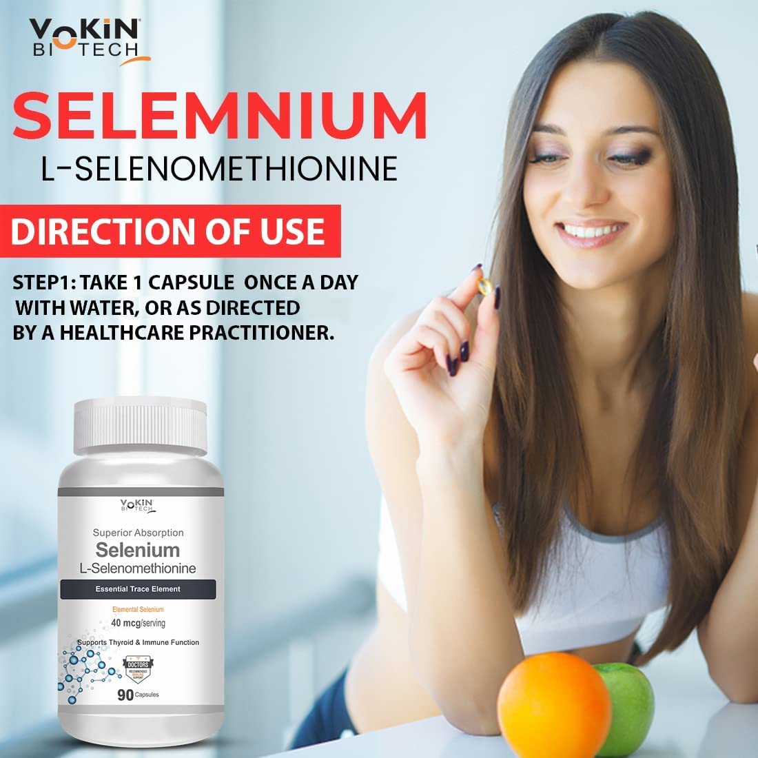 Vokin Biotech Selenium Capsules 40mcg - Superior Absorption - 90 Vegetarian Capsules