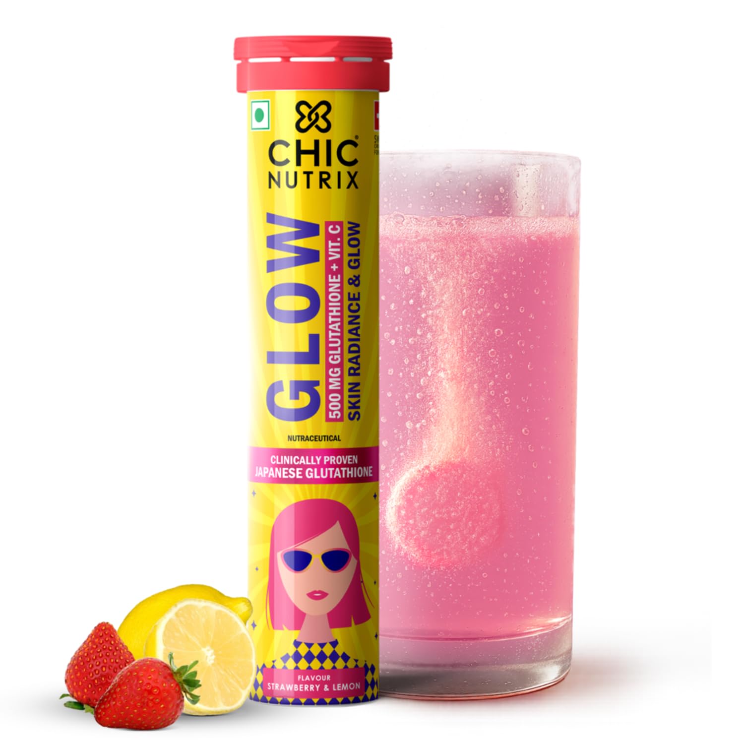 Chicnutrix Glow 500mg Effervescent Tablets - Strawberry & Lemon Flavor, For Glow & Radiance Skin - Distacart