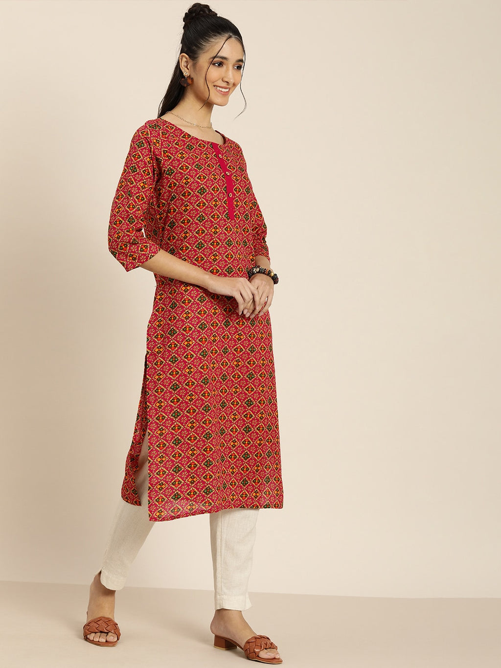 Sangria Women Pink & Green Pure Cotton Bandhani Printed Kurta
