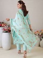 Indo Era Women Floral Embroidered Thread Work Linen Kurta with Trousers & With Dupatta - Distacart