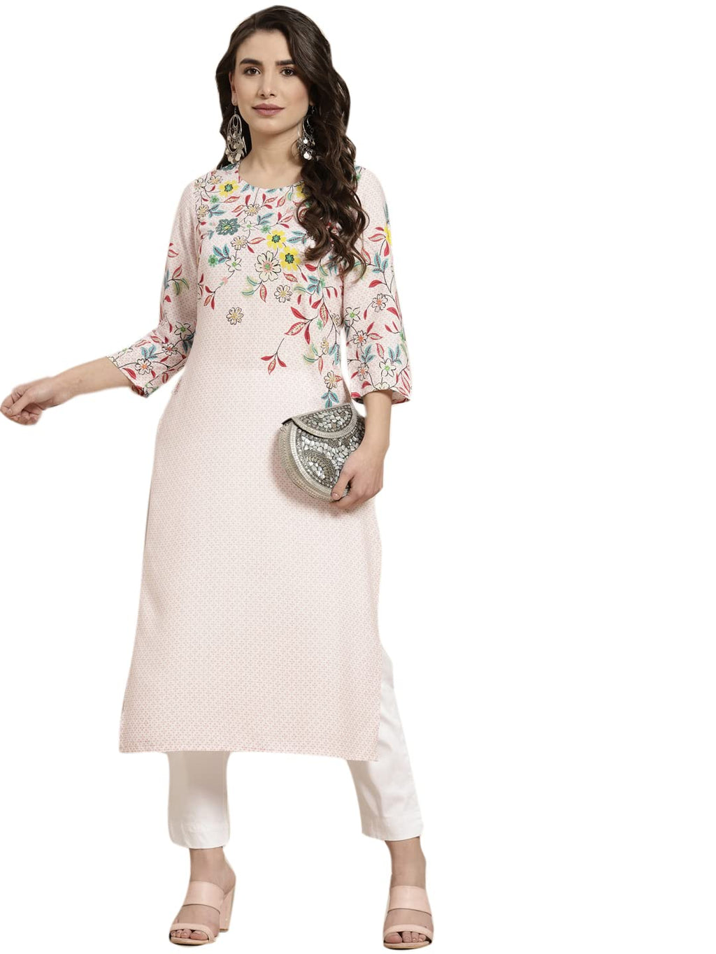 Juniper Women's Pink Floral Printed Rayon Kurta With Sequins & Beads Work