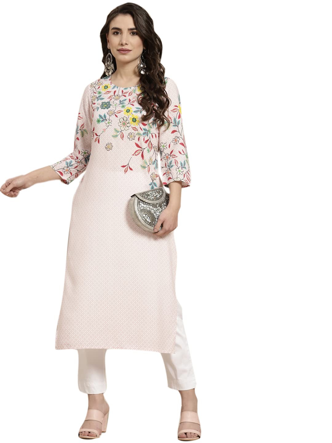 Juniper Women's Pink Floral Printed Rayon Kurta With Sequins & Beads Work