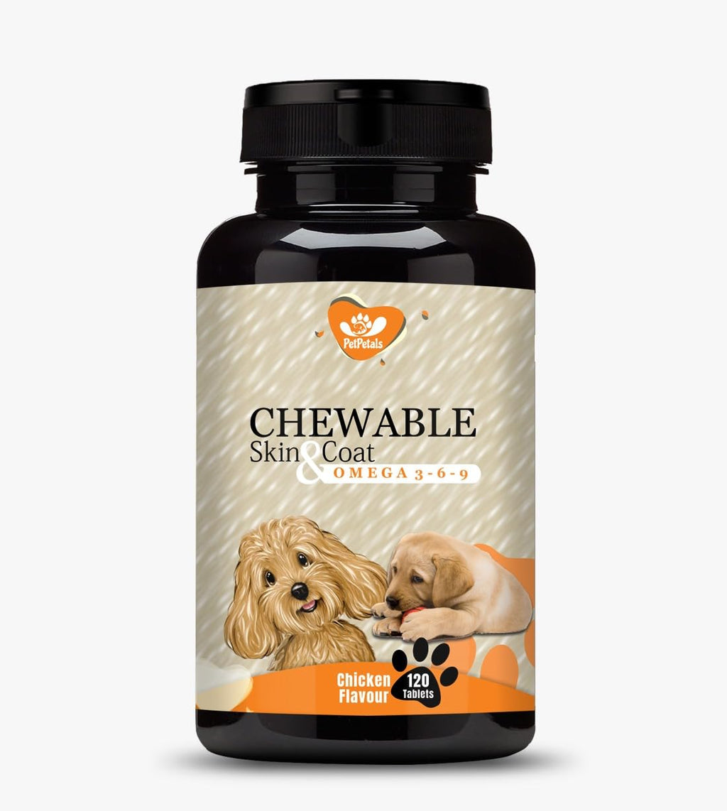 PetPetals Chewable Skin & Coat Tablets for Dog with Omega 3 Algal DHA, Biotin and Vitamin C for Skin Health & Shiny Coat | Chicken Flavour