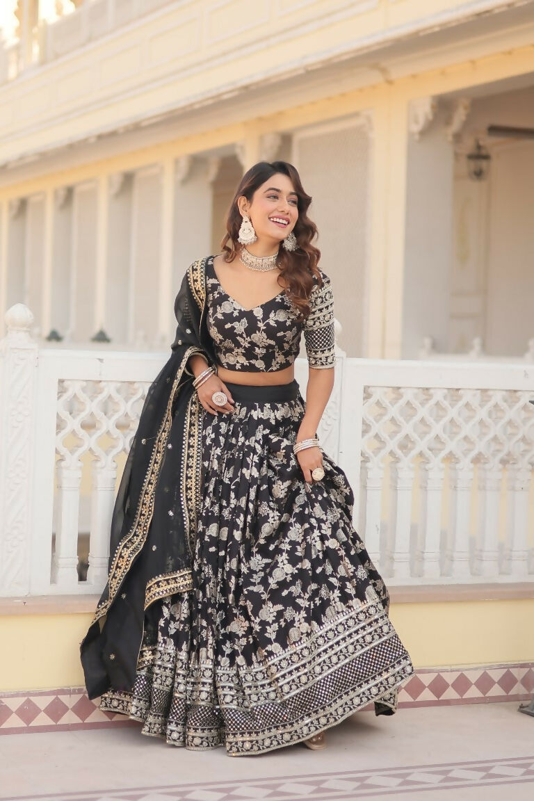 Vastranavya Designer Dyeable Pure Viscose Jacquard Fabric Lehenga Choli & Dupatta Set - Black