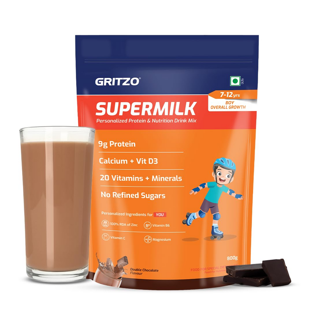 Gritzo SuperMilk Overall Growth (7-12y Boys), 9g Protein (Double Chocolate, Zero Refined Sugar, 20 Vitamins & Minerals - Distacart