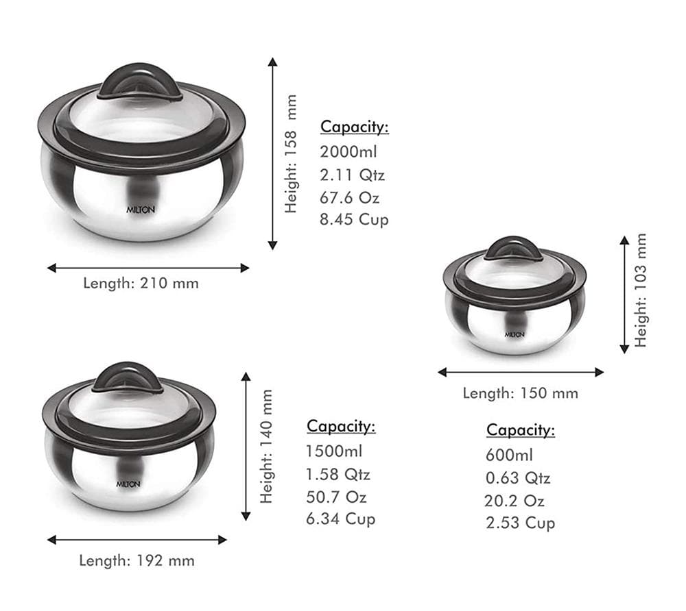 Milton Stainless Steel Casserole with Glass Lid - Set of 3