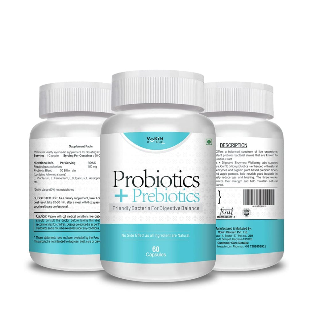 Vokin Biotech Probiotics+ Prebiotics Supplement 50 Billion Cfu For Women & Men With Prebiotics 150 mg | Probiotic Capsules For Digestion Support, Gut Health And Immunity