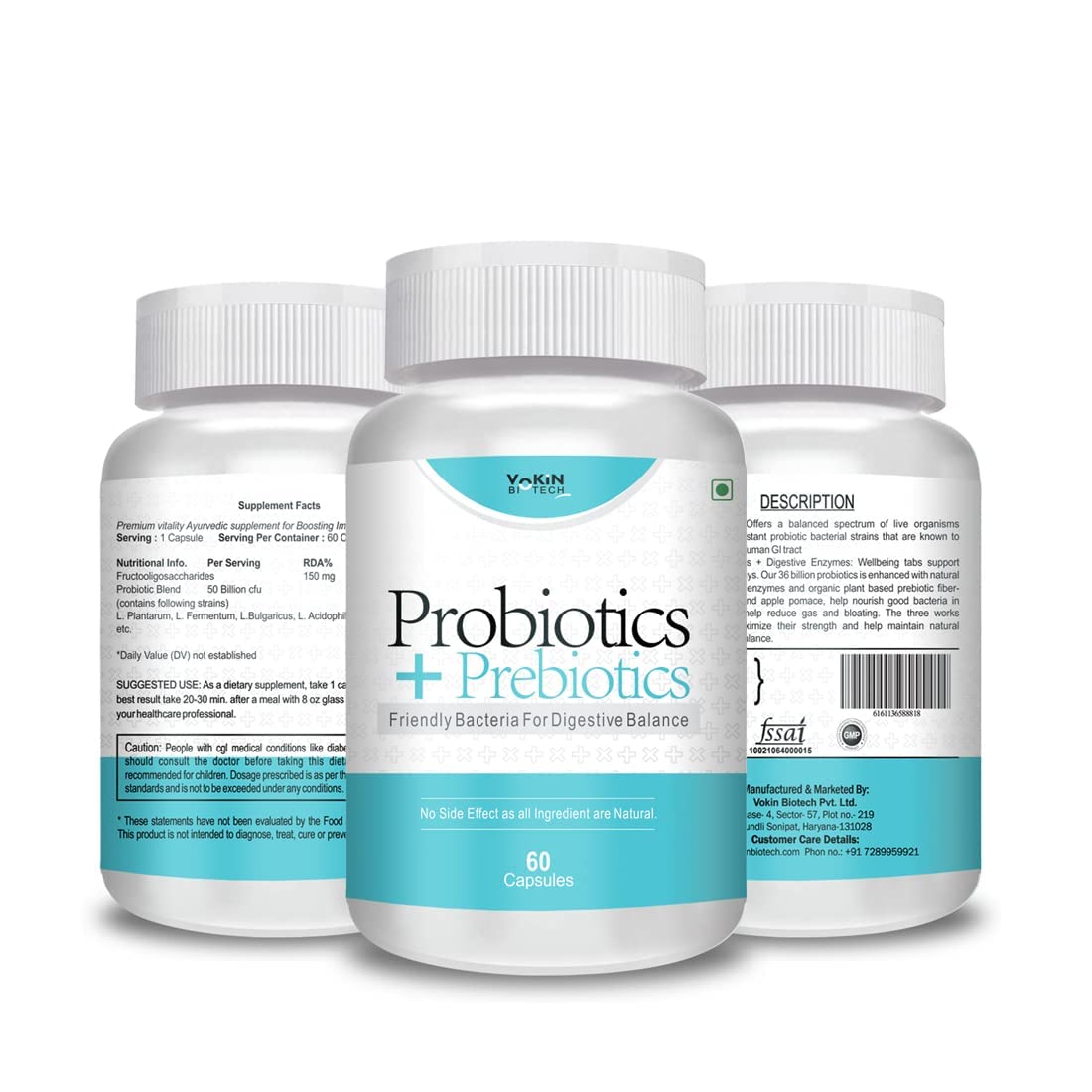 Vokin Biotech Probiotics+ Prebiotics Supplement 50 Billion Cfu For Women & Men With Prebiotics 150 mg | Probiotic Capsules For Digestion Support, Gut Health And Immunity