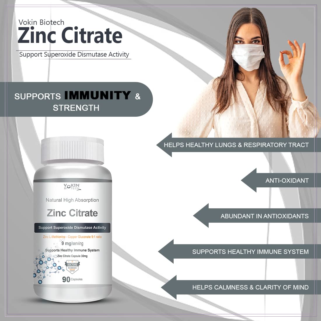 Vokin Biotech Zinc Citrate Supports Healthy Immune system Capsules