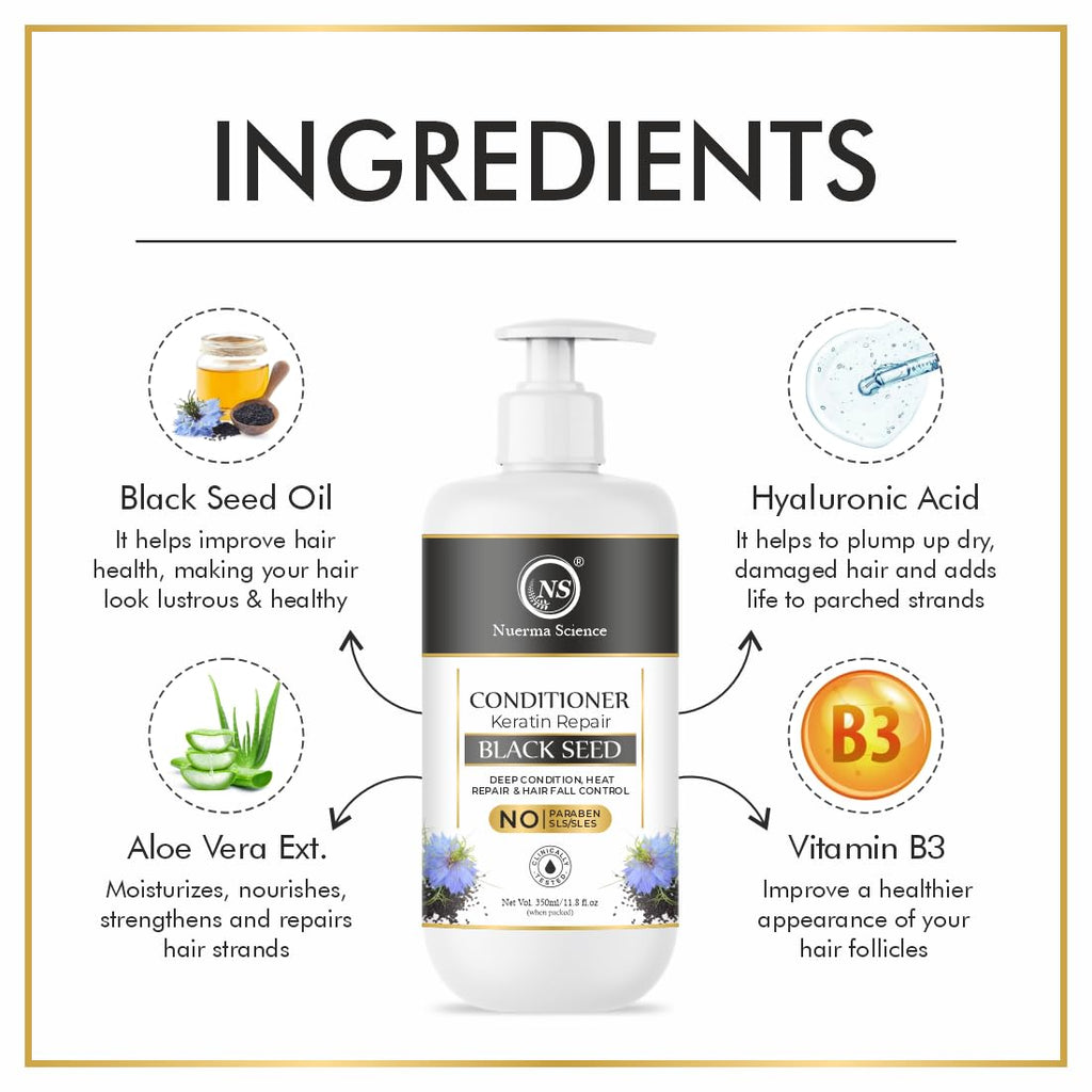 Nuerma Science Keratin Repair Black Seed Hair Conditioner to Deep Cleanse, Heat Repair & Hair Fall Control