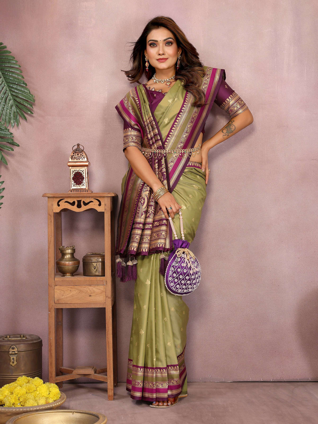 Aastha Fashion Mehndi Kalamkari Silk Weaving Saree - Distacart