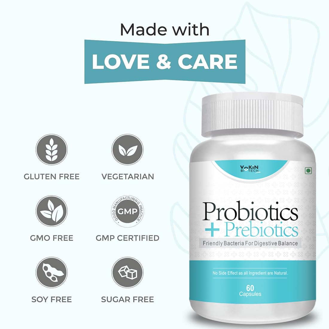 Vokin Biotech Probiotics+ Prebiotics Supplement 50 Billion Cfu For Women & Men With Prebiotics 150 mg | Probiotic Capsules For Digestion Support, Gut Health And Immunity