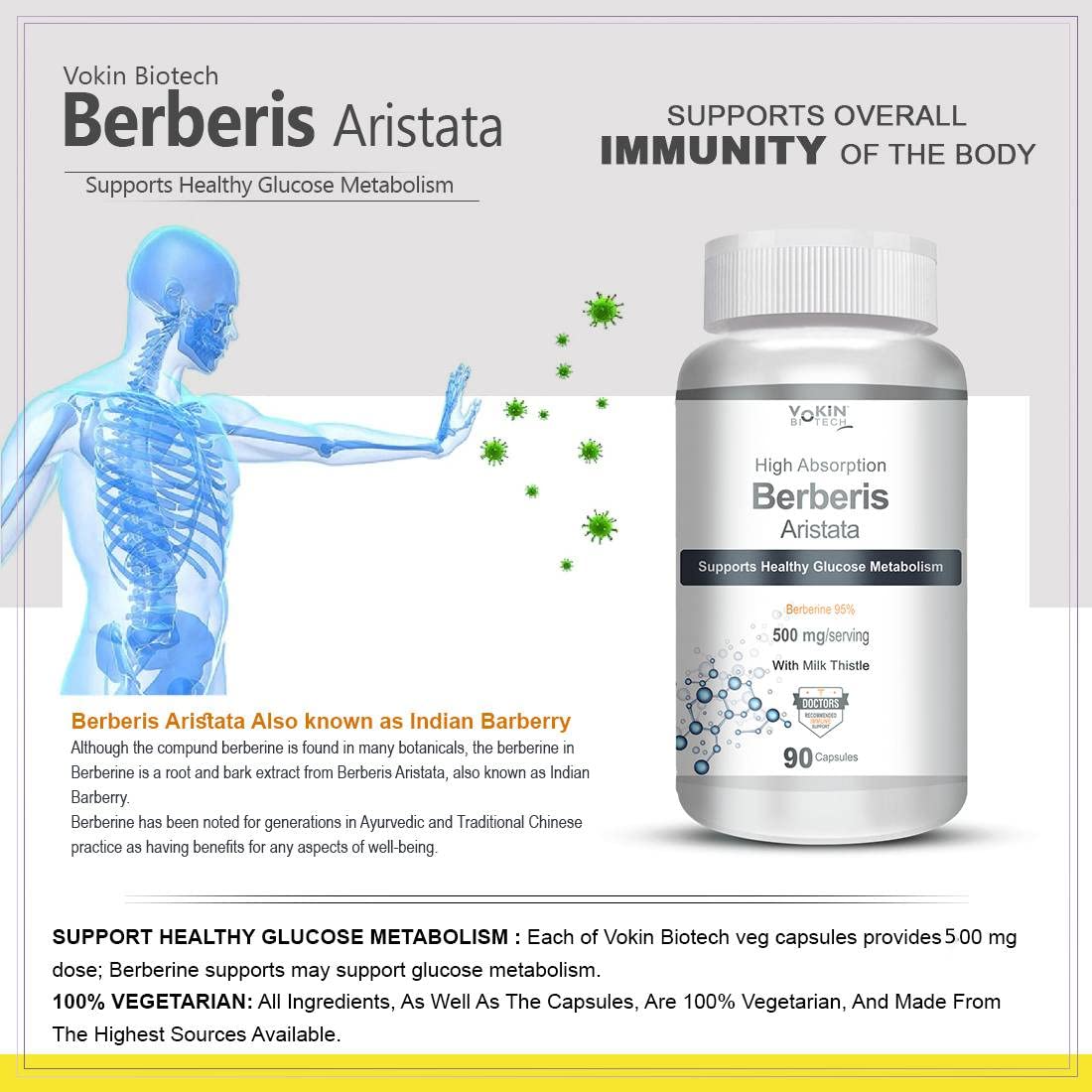Vokin Biotech Berberis Berberine 95% with Milk Thistle Vegetable Capsules