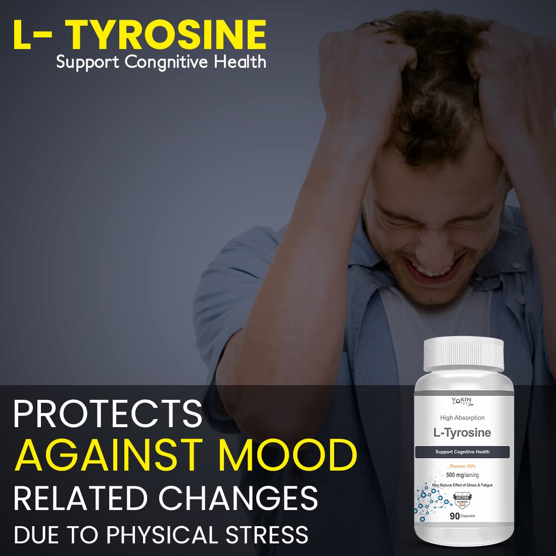 Vokin Biotech L-Tyrosine 500mg- Support Cognitive Health May Reduce Effect Of Stress & fatigue-