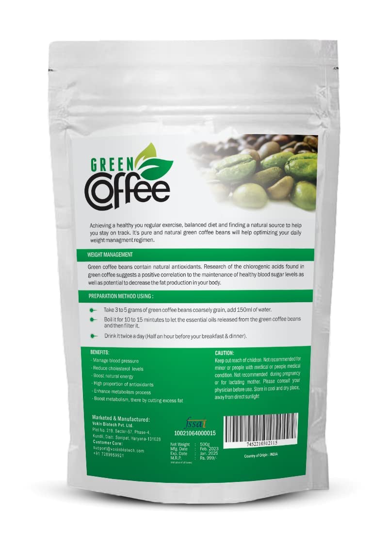Vokin Biotech Organic Green Coffee Beans Unroasted Arabica Coffee Supports Weight Loss Management (500 Gram)-