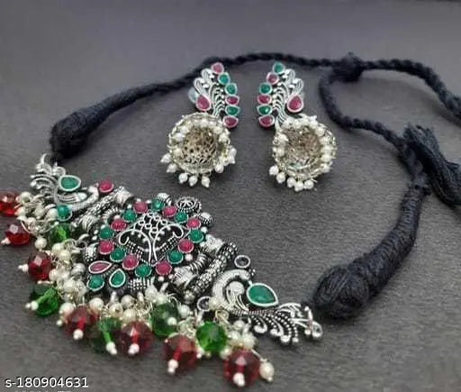 Tehzeeb Creations Women's Oxidised Multi Colour Meenakari Necklace Set