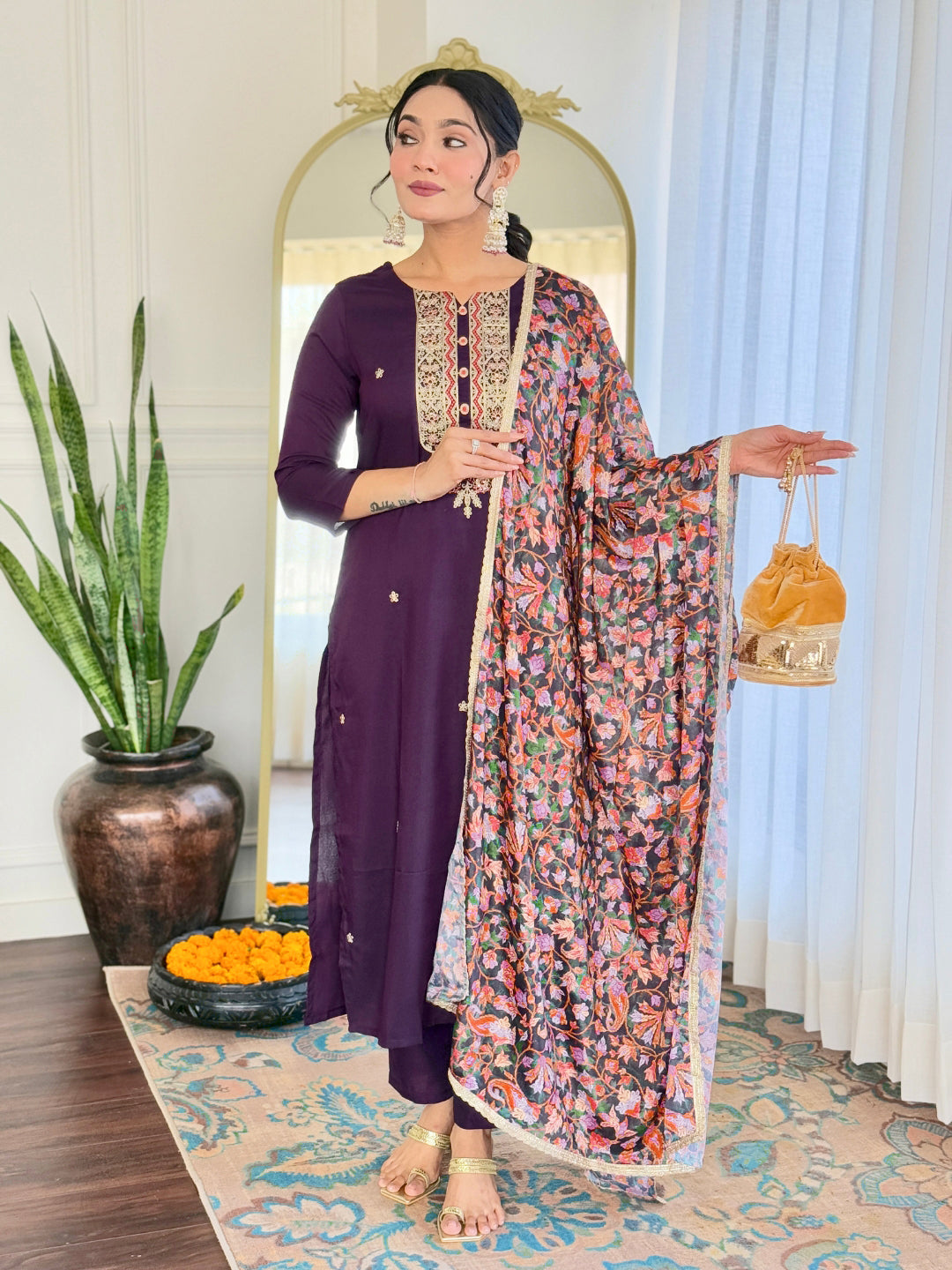 The52 Women's Rayon Embroidery work Straight Kurta with Pant and Dupatta Set - Distacart