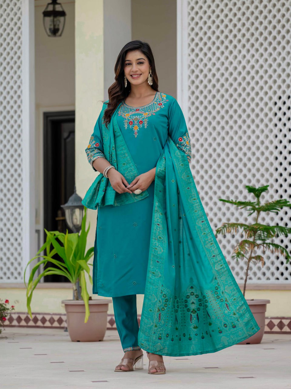 Pramukh Fab Rama Color Roman Silk Kurta Set - Distacart