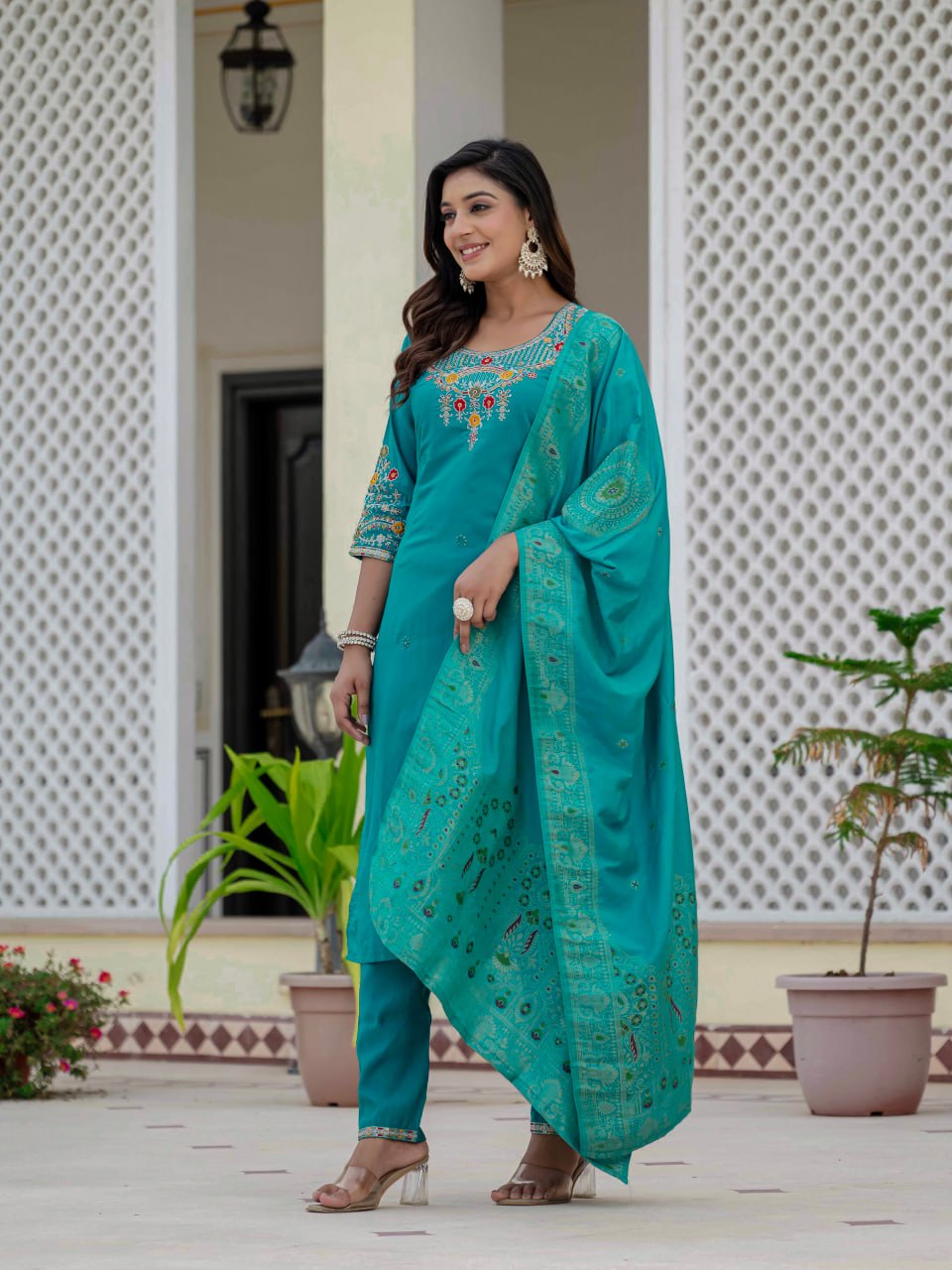 Pramukh Fab Rama Color Roman Silk Kurta Set - Distacart