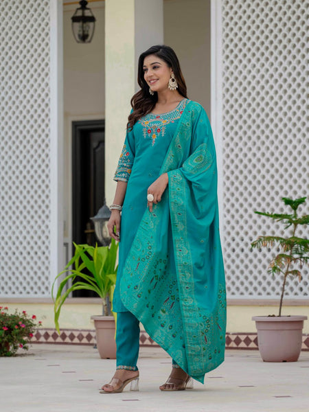 Pramukh Fab Rama Color Roman Silk Kurta Set