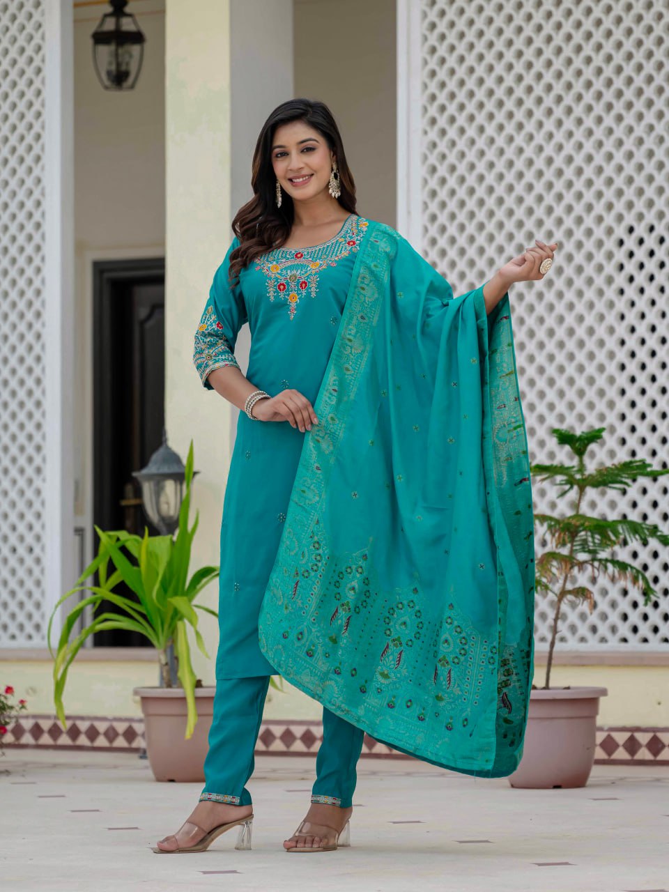 Pramukh Fab Rama Color Roman Silk Kurta Set - Distacart