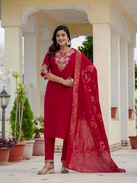 Pramukh Fab Rani Pink Color Roman Silk Kurta Set