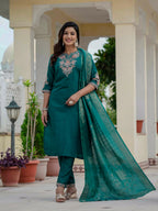 Pramukh Fab Teal Green Color Roman Silk Kurta Set - Distacart