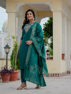 Pramukh Fab Teal Green Color Roman Silk Kurta Set - Distacart