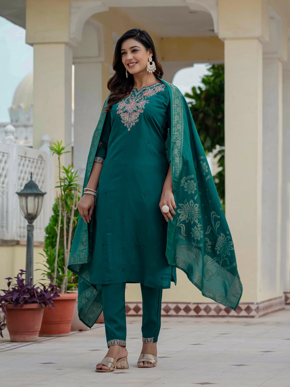 Pramukh Fab Teal Green Color Roman Silk Kurta Set - Distacart