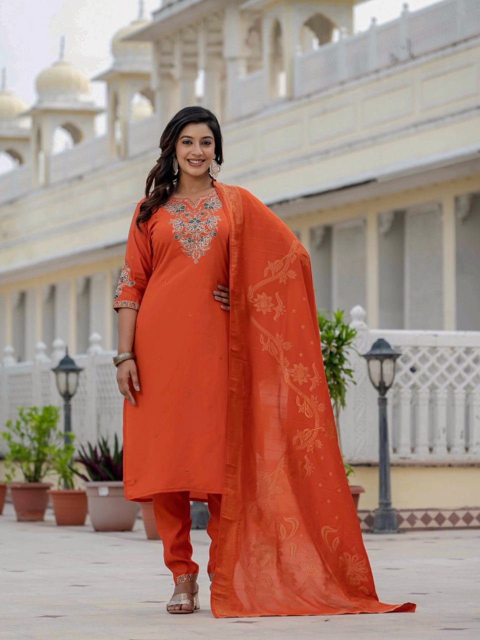 Pramukh Fab Orange Color Roman Silk Kurta Set - Distacart