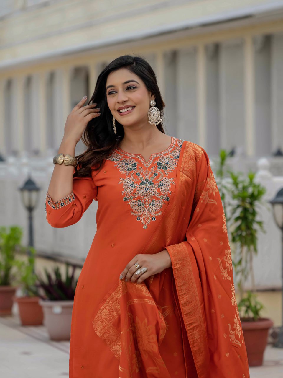 Pramukh Fab Orange Color Roman Silk Kurta Set - Distacart