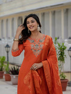 Pramukh Fab Orange Color Roman Silk Kurta Set - Distacart