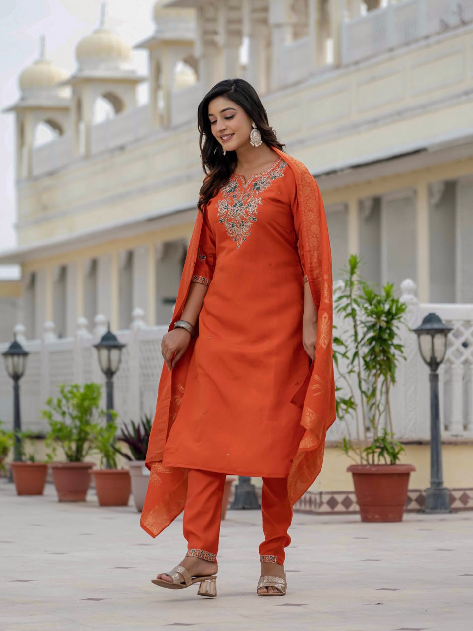 Pramukh Fab Orange Color Roman Silk Kurta Set - Distacart