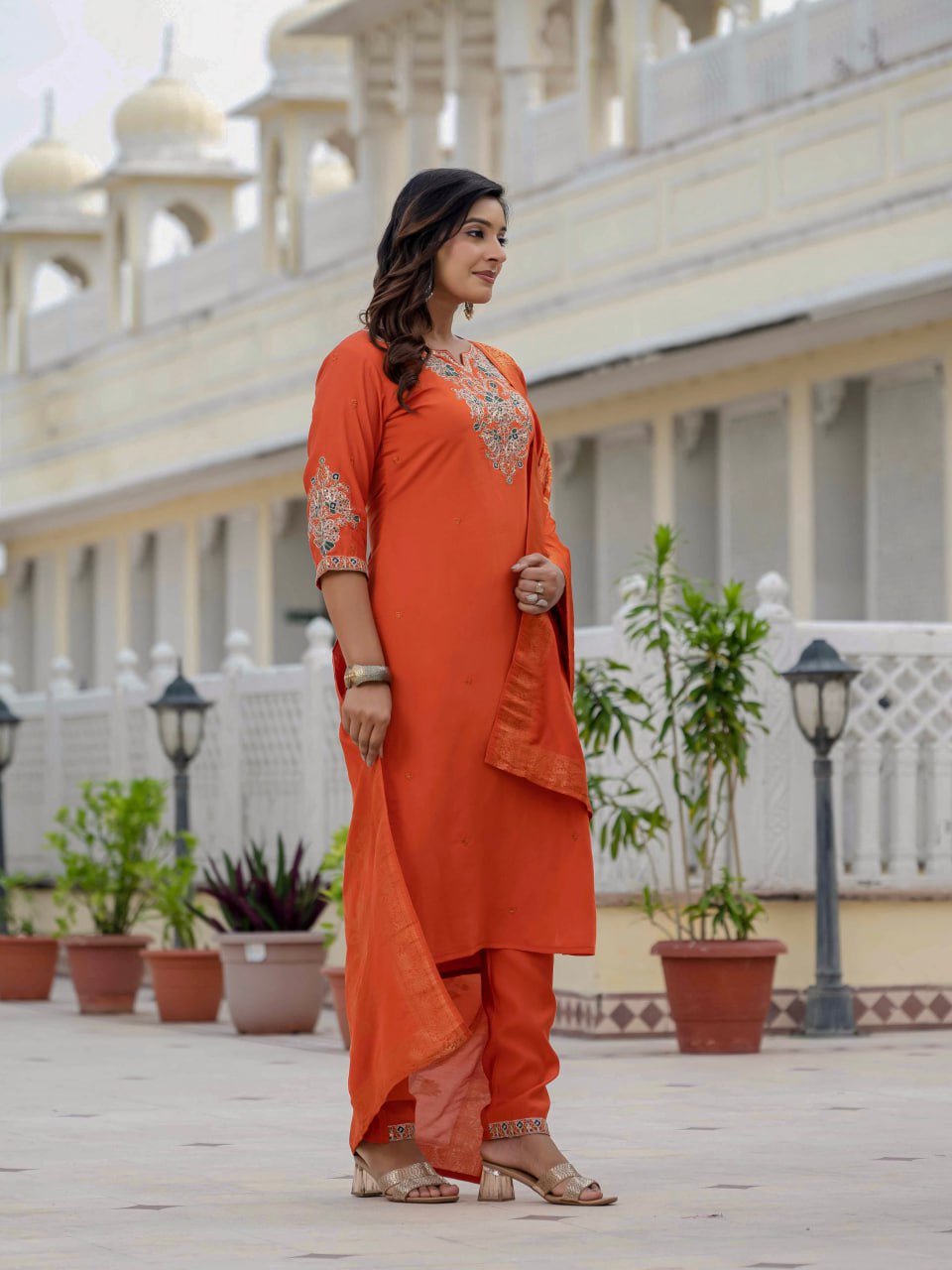 Pramukh Fab Orange Color Roman Silk Kurta Set - Distacart