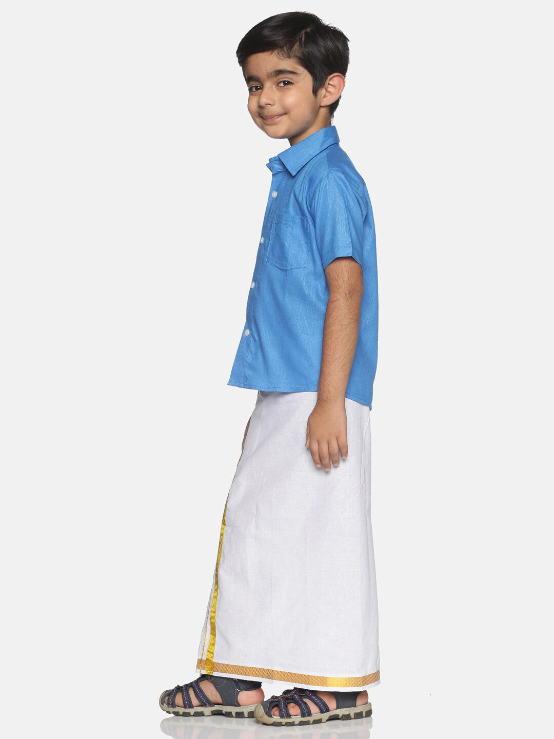 Sethukrishna Blue & White Solid Shirt with Veshti Set For Boys