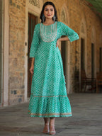 Juniper Women's Green Printed Embroidered Mirror Work Sequin Cotton Flared Dress - Distacart