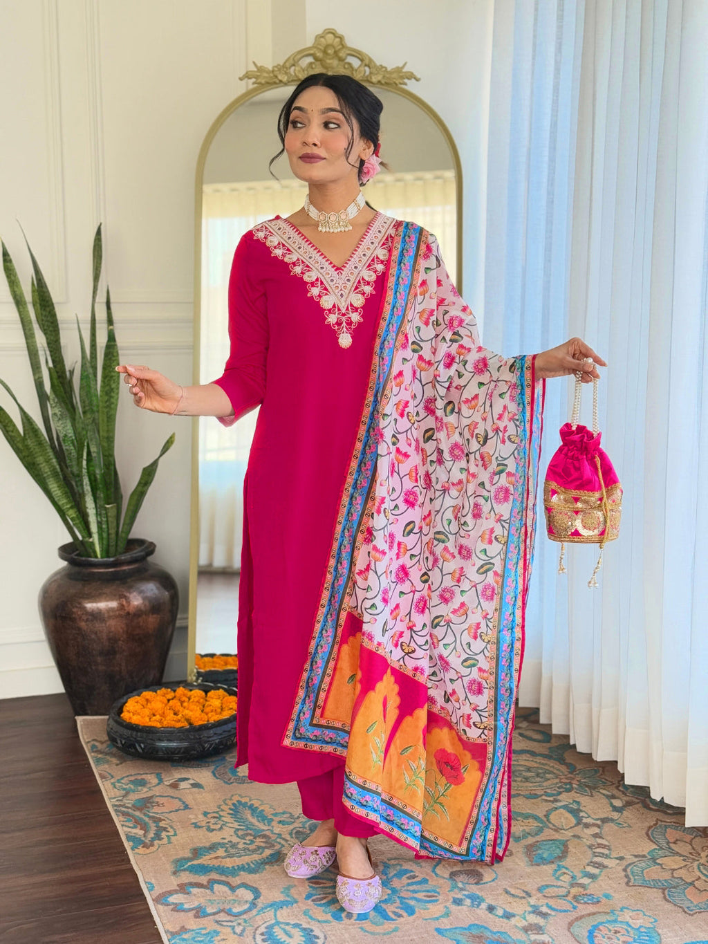 The52 Thread Work Rayon Fabric Straight Kurta, Pant and Dupatta Set - Distacart