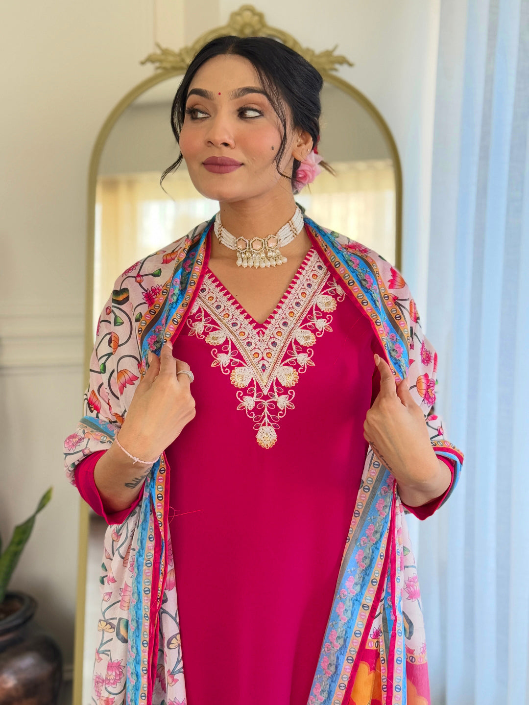 The52 Thread Work Rayon Fabric Straight Kurta, Pant and Dupatta Set - Distacart