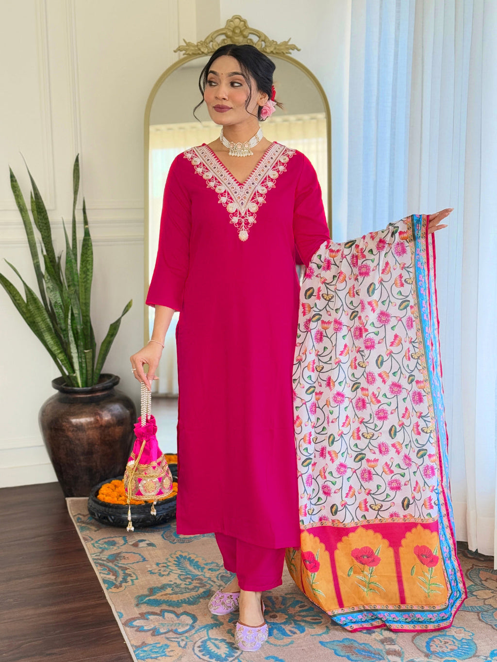 The52 Thread Work Rayon Fabric Straight Kurta, Pant and Dupatta Set - Distacart
