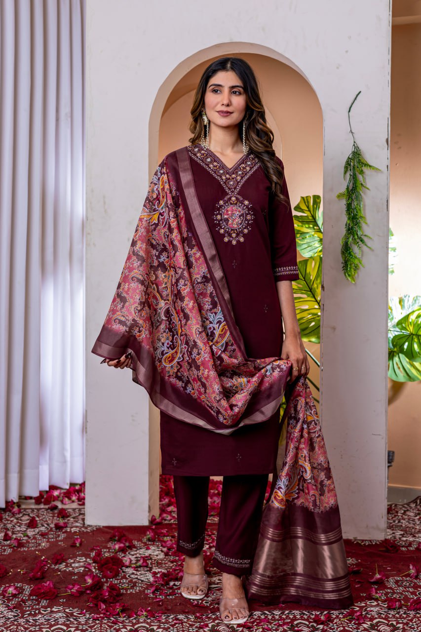 Pramukh Fab Wine Color Viscose Silk Kurta Set - Distacart